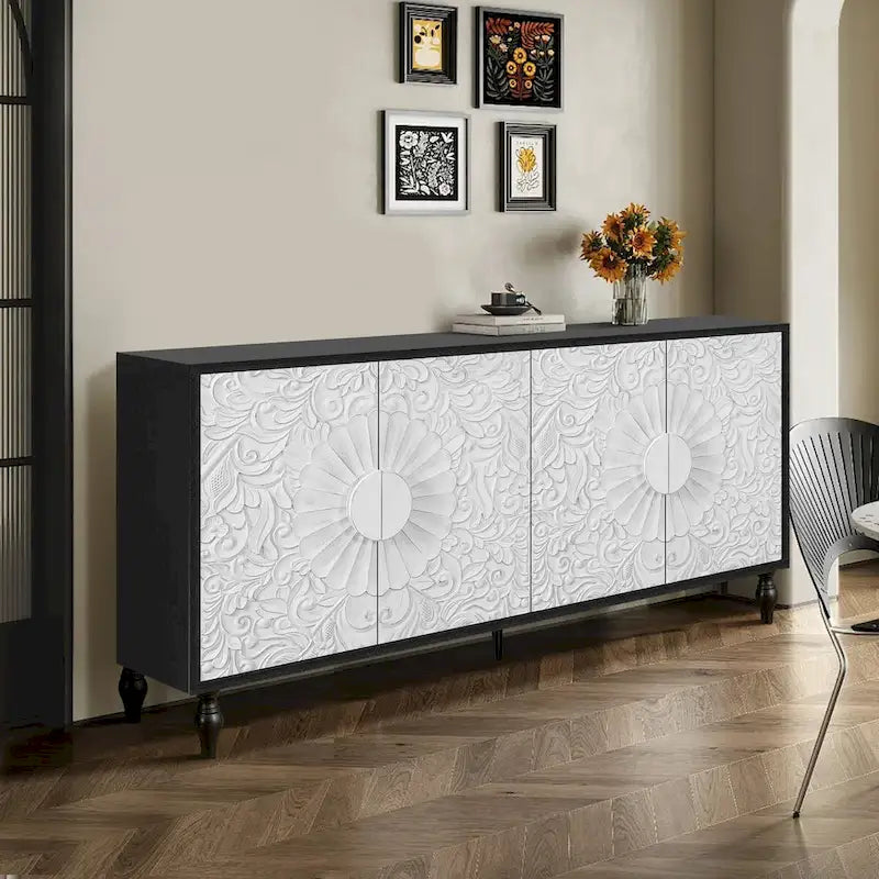 Sideboard with Carved Symmetrical Doors and Adjustable Shelves, TV Stand Compatible