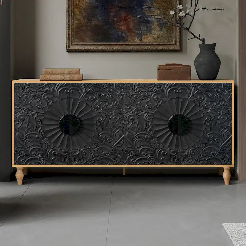 Sideboard with Carved Symmetrical Doors and Adjustable Shelves, TV Stand Compatible