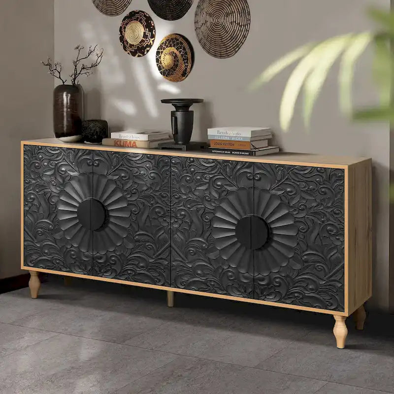Sideboard with Carved Symmetrical Doors and Adjustable Shelves, TV Stand Compatible