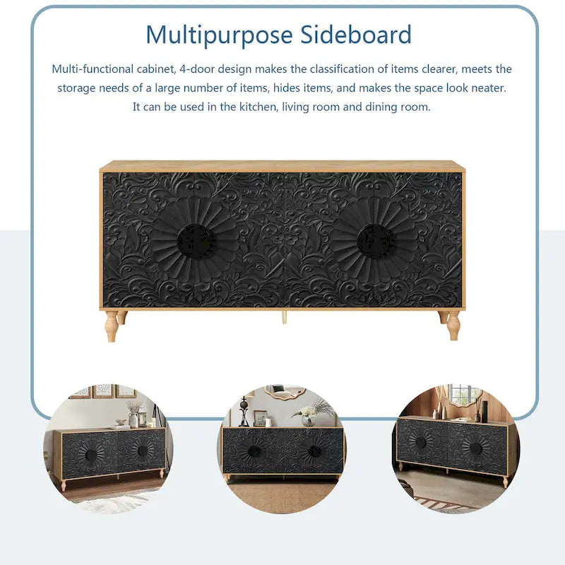 Sideboard with Carved Symmetrical Doors and Adjustable Shelves, TV Stand Compatible