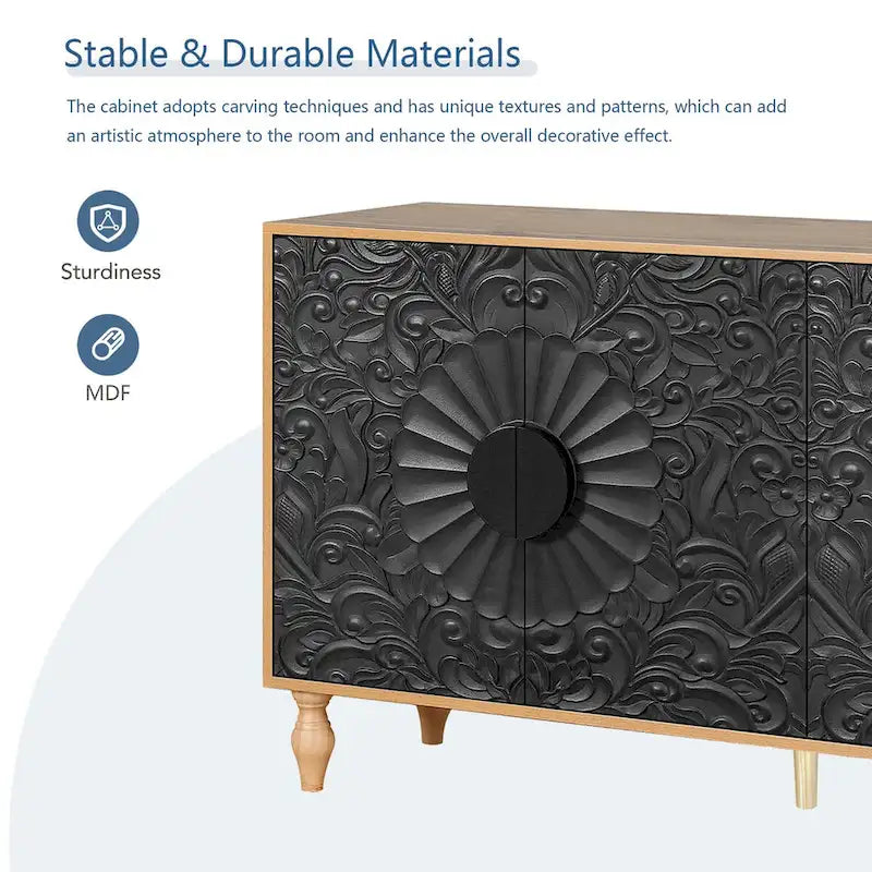 Sideboard with Carved Symmetrical Doors and Adjustable Shelves, TV Stand Compatible