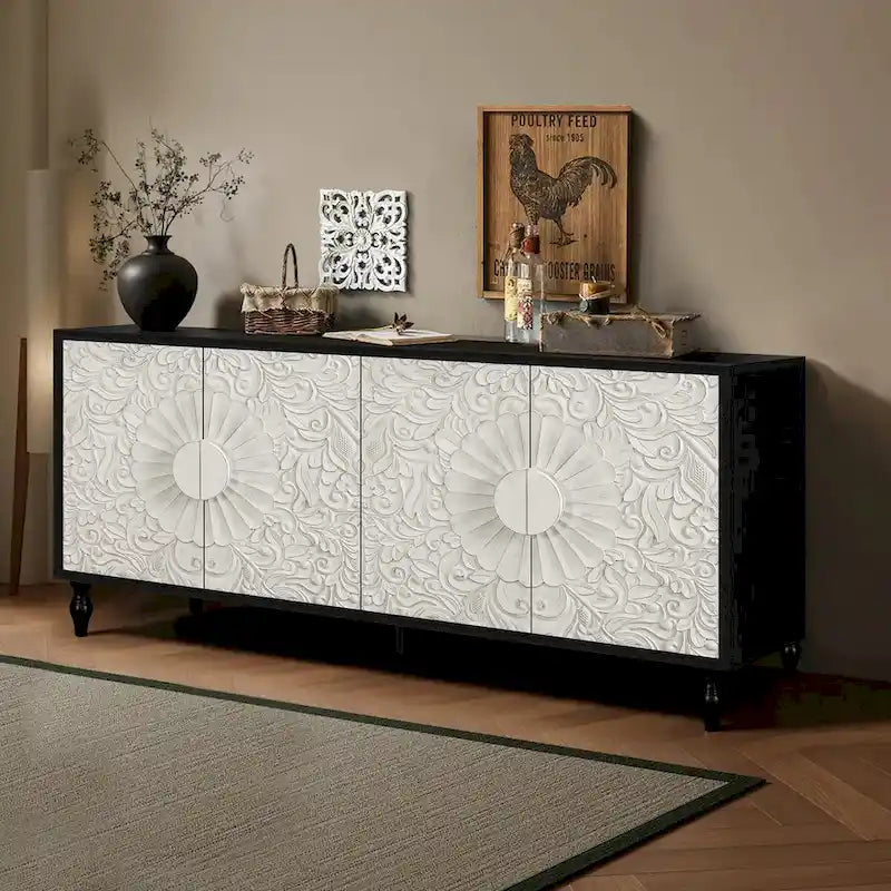 Sideboard with Carved Symmetrical Doors and Adjustable Shelves, TV Stand Compatible