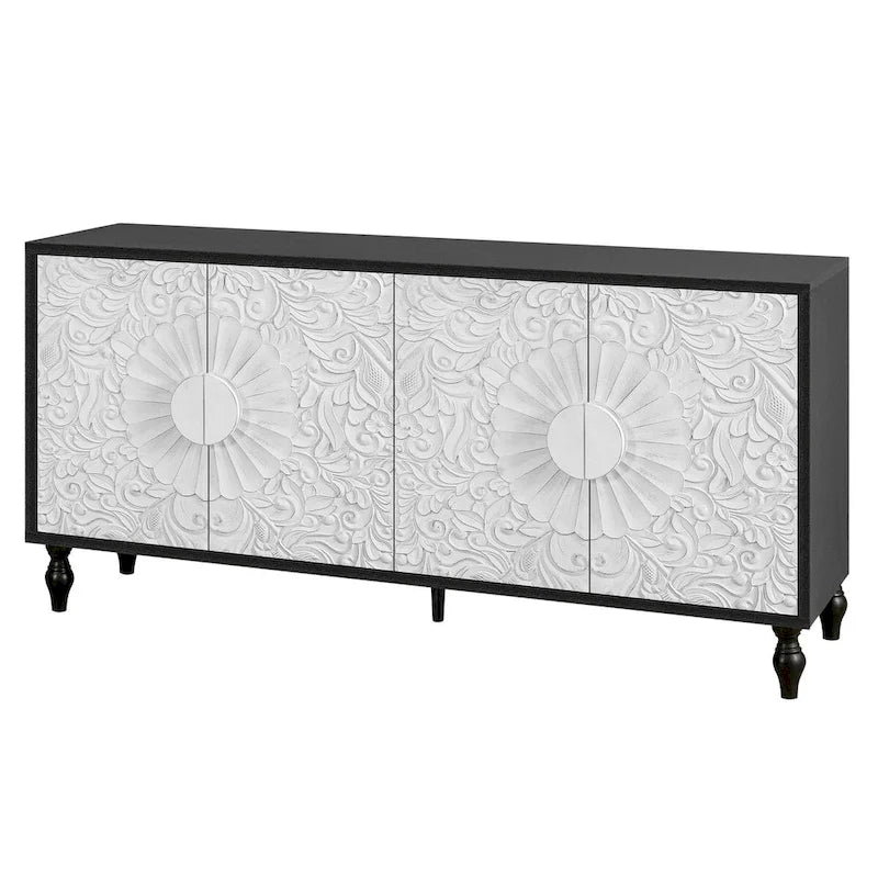 Sideboard with Carved Symmetrical Doors and Adjustable Shelves, TV Stand Compatible