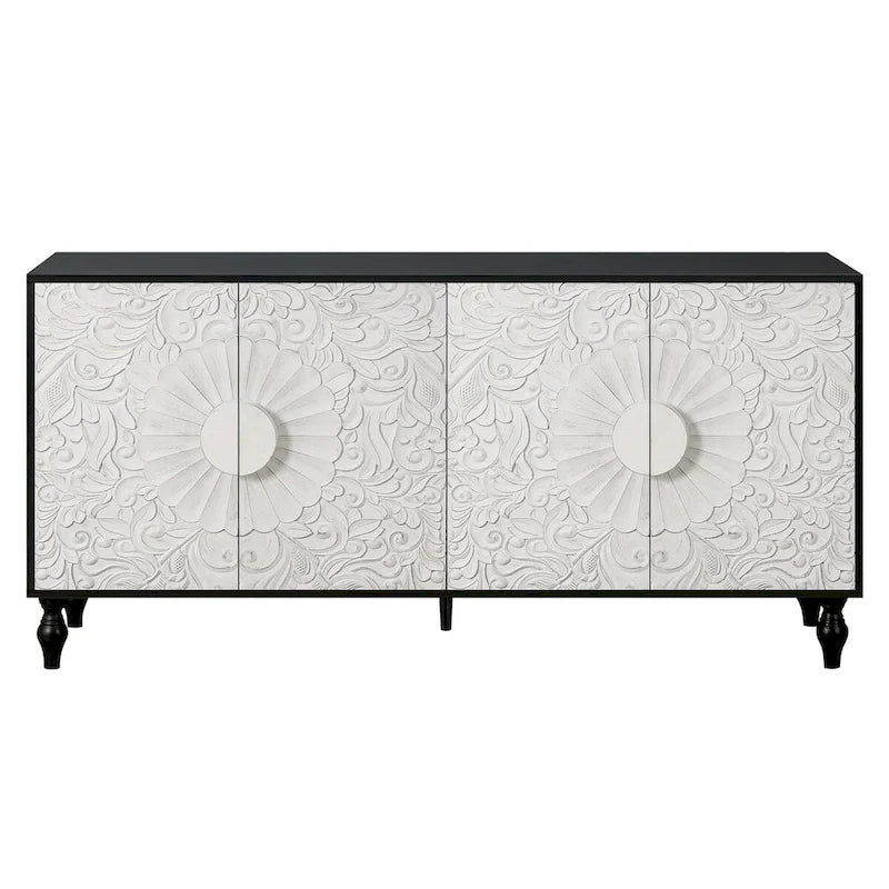 Sideboard with Carved Symmetrical Doors and Adjustable Shelves, TV Stand Compatible