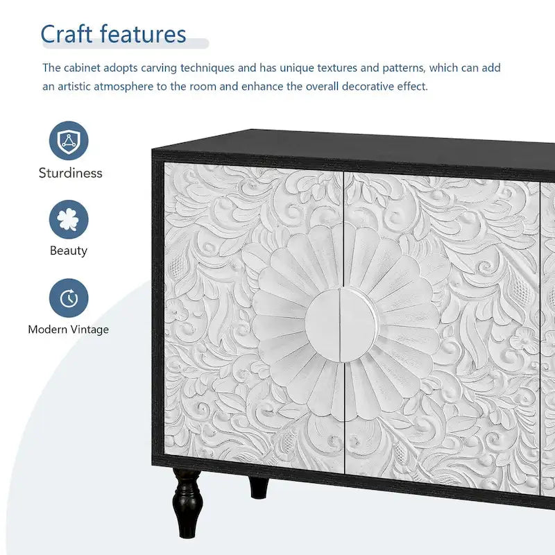 Sideboard with Carved Symmetrical Doors and Adjustable Shelves, TV Stand Compatible