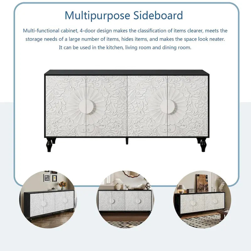 Sideboard with Carved Symmetrical Doors and Adjustable Shelves, TV Stand Compatible