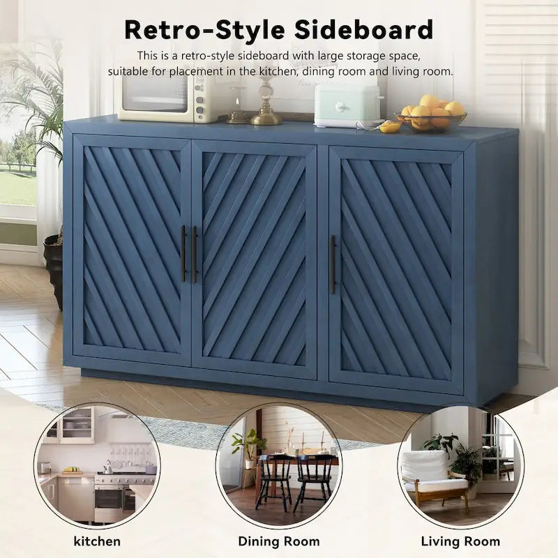 3-Door Sideboard with Adjustable Shelves and Black Handles