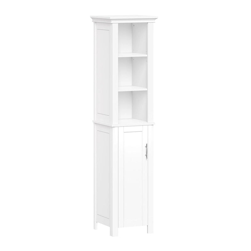 Tall Narrow Bathroom Cabinet with Open Shelves and Enclosed Storage, White