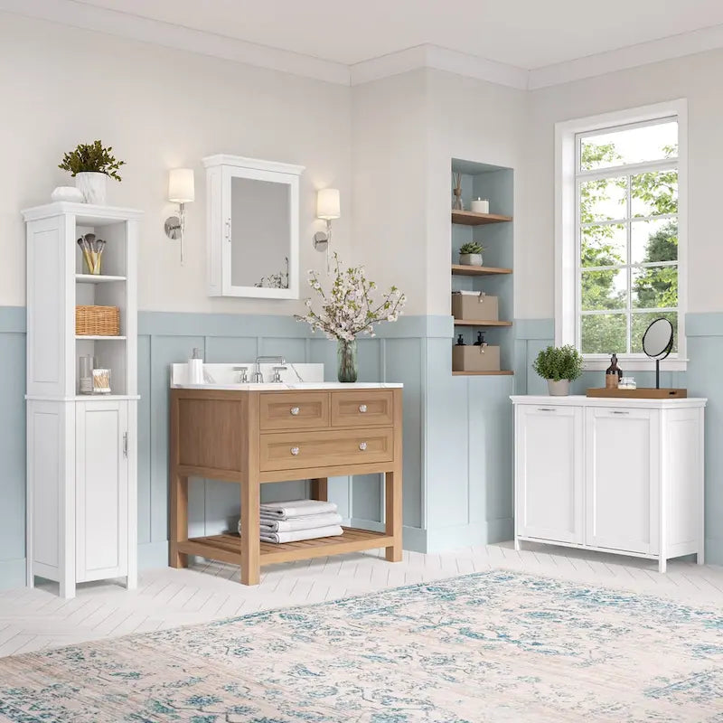 Tall Narrow Bathroom Cabinet with Open Shelves and Enclosed Storage, White