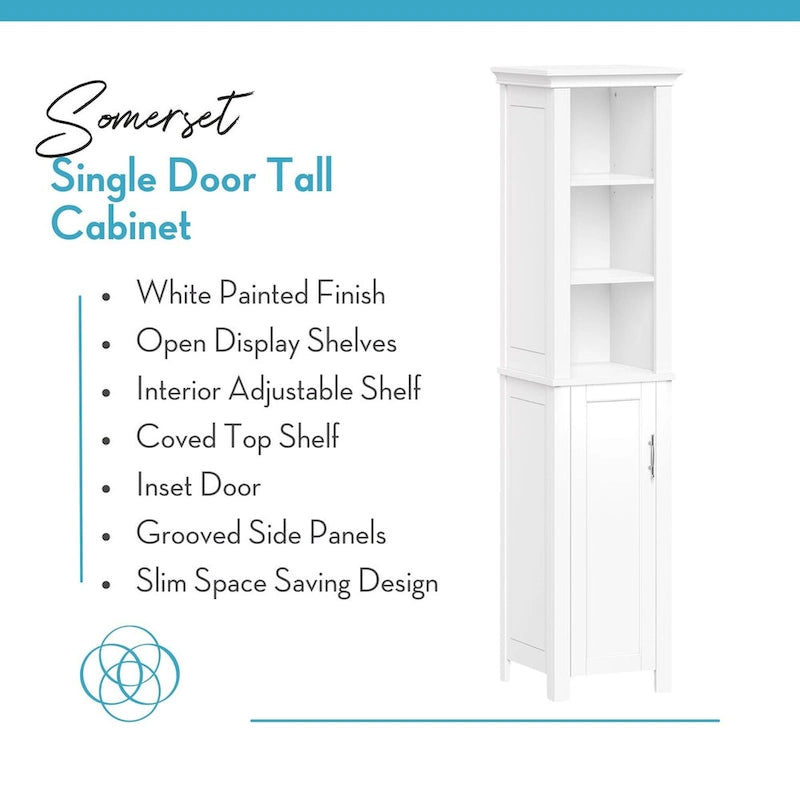 Tall Narrow Bathroom Cabinet with Open Shelves and Enclosed Storage, White