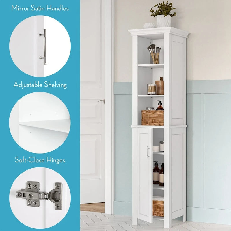 Tall Narrow Bathroom Cabinet with Open Shelves and Enclosed Storage, White