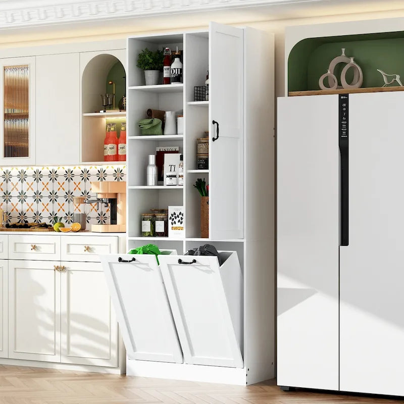 White Multi-Function Storage Cabinet with Rotating Drawers and Glass Accents