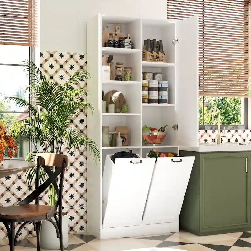 White Multi-Function Storage Cabinet with Rotating Drawers and Glass Accents