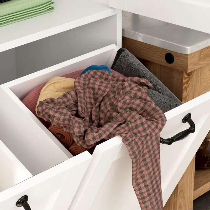 White Multi-Function Storage Cabinet with Rotating Drawers and Glass Accents