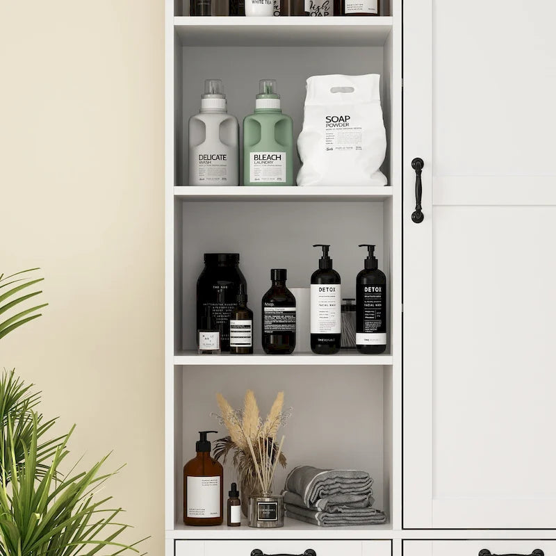 White Multi-Function Storage Cabinet with Rotating Drawers and Glass Accents