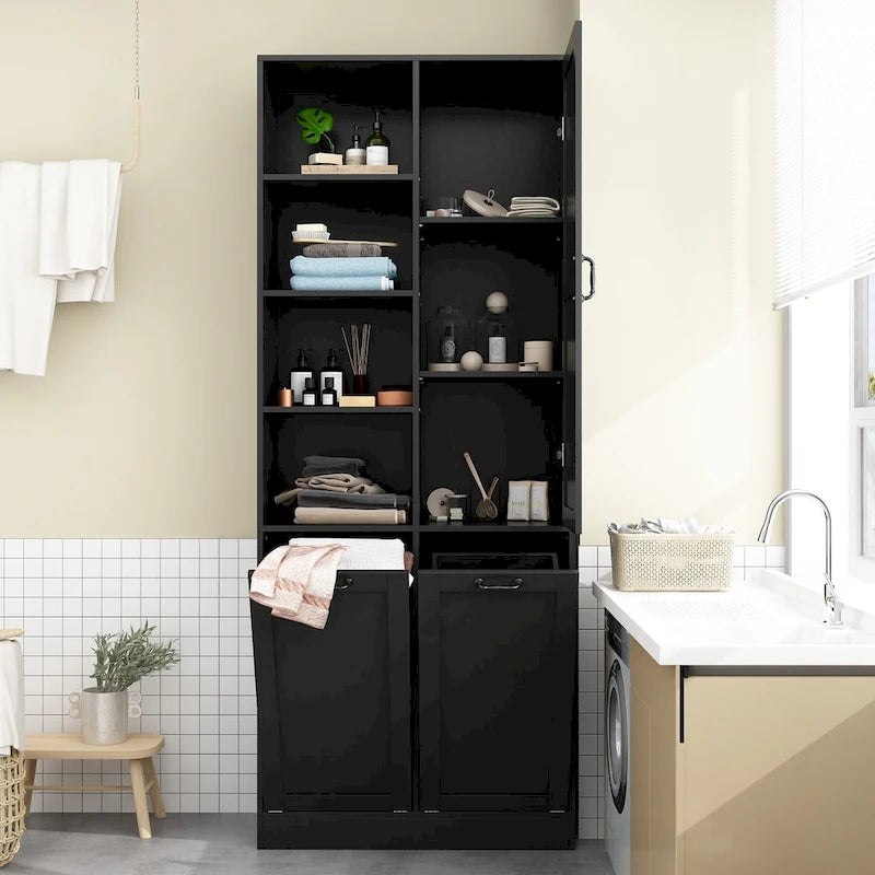White Multi-Function Storage Cabinet with Rotating Drawers and Glass Accents