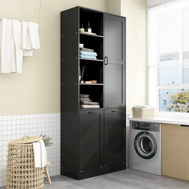 White Multi-Function Storage Cabinet with Rotating Drawers and Glass Accents