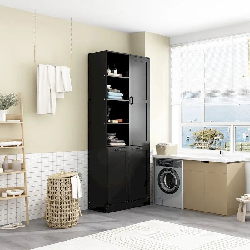 White Multi-Function Storage Cabinet with Rotating Drawers and Glass Accents
