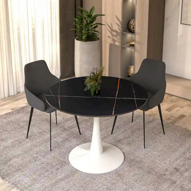 40-Inch Round Dining Table for 4 with Sintered Stone Top and Steel Pedestal Base