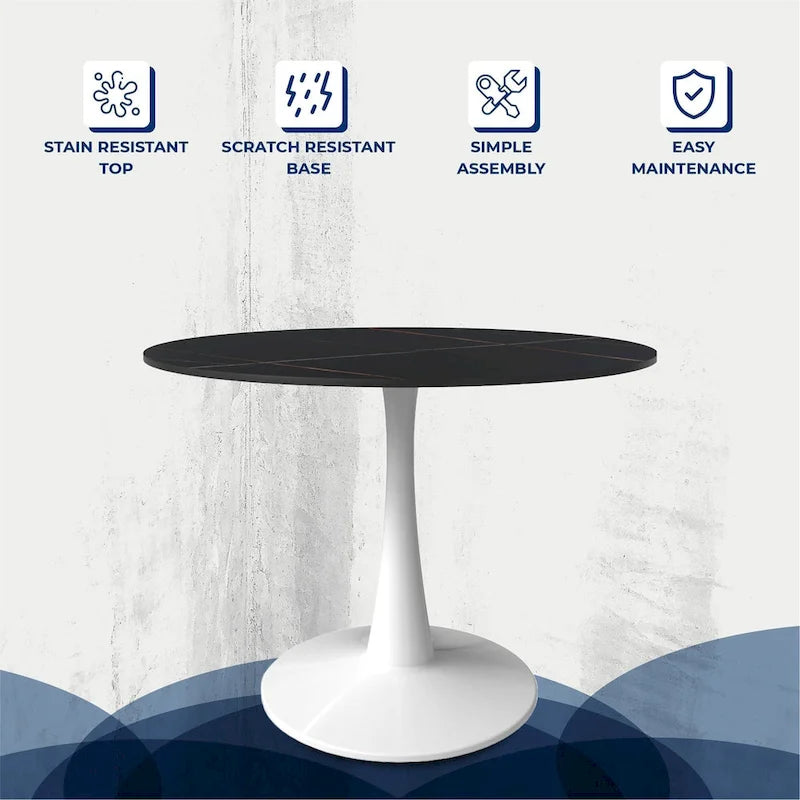 40-Inch Round Dining Table for 4 with Sintered Stone Top and Steel Pedestal Base