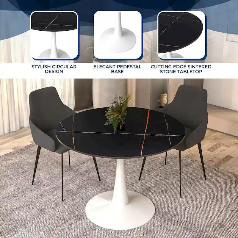 40-Inch Round Dining Table for 4 with Sintered Stone Top and Steel Pedestal Base