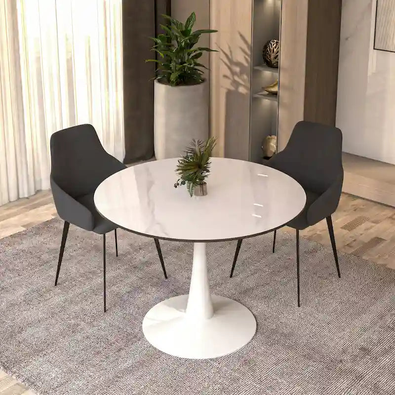 40-Inch Round Dining Table for 4 with Sintered Stone Top and Steel Pedestal Base