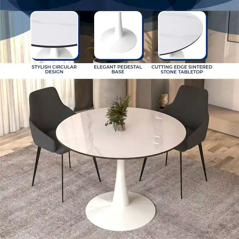 40-Inch Round Dining Table for 4 with Sintered Stone Top and Steel Pedestal Base