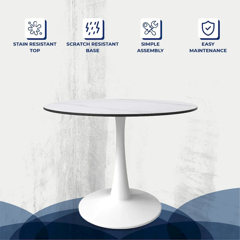 40-Inch Round Dining Table for 4 with Sintered Stone Top and Steel Pedestal Base