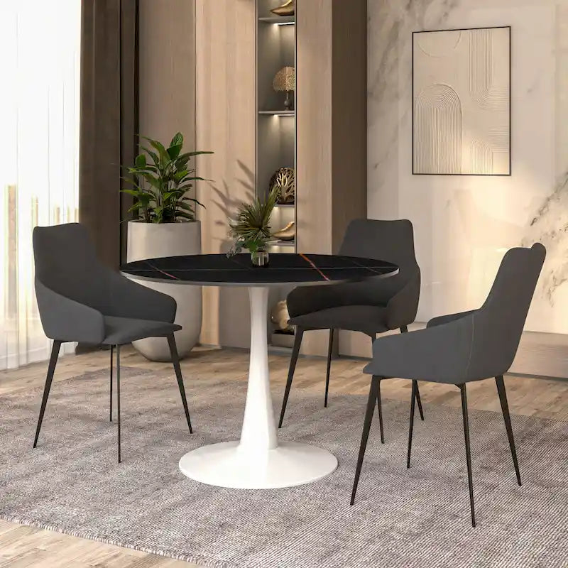 40-Inch Round Dining Table for 4 with Sintered Stone Top and Steel Pedestal Base