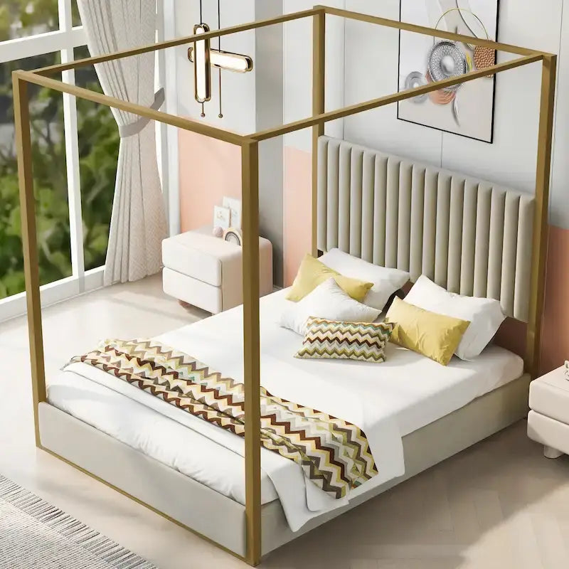 Queen Canopy Platform Bed with Upholstered Headboard and Metal Frame