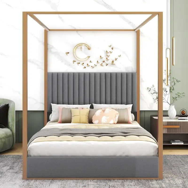 Queen Canopy Platform Bed with Upholstered Headboard and Metal Frame