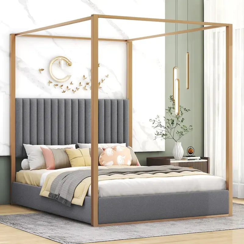 Queen Canopy Platform Bed with Upholstered Headboard and Metal Frame