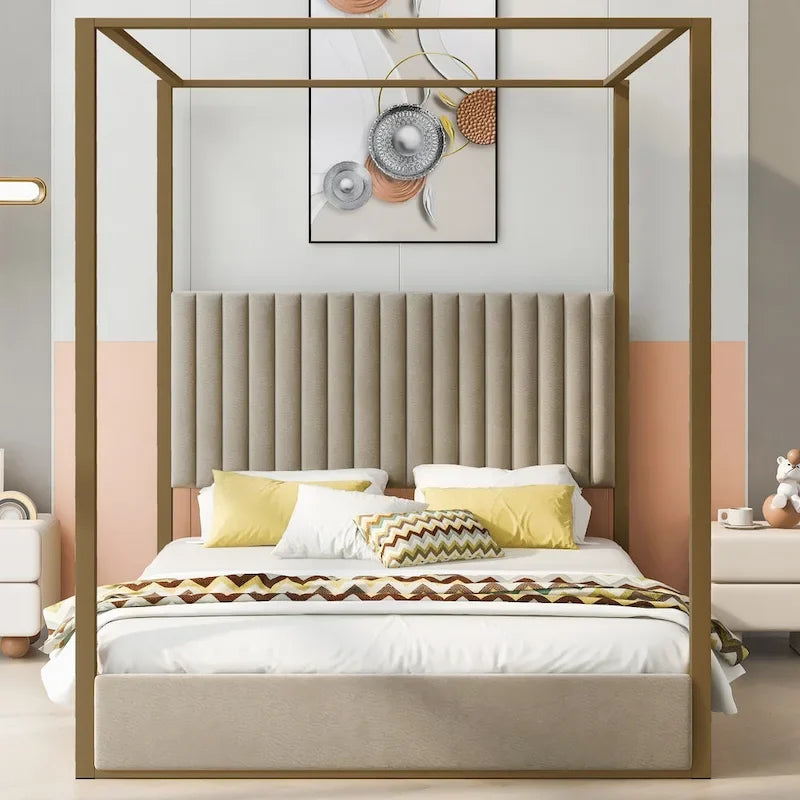 Queen Canopy Platform Bed with Upholstered Headboard and Metal Frame