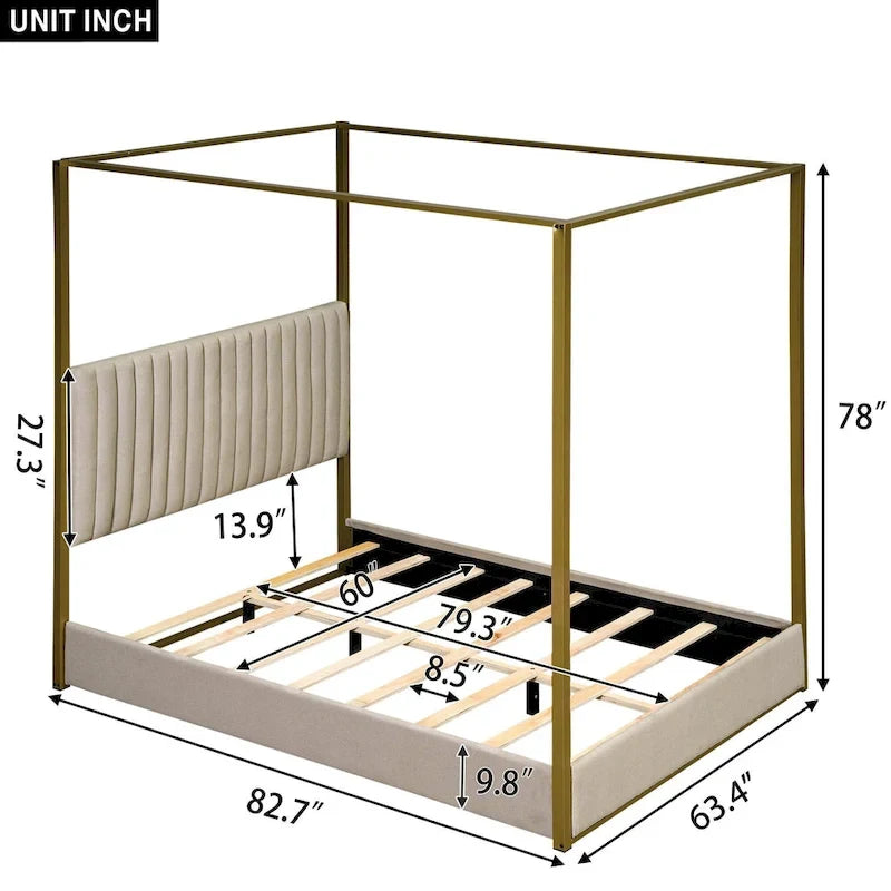 Queen Canopy Platform Bed with Upholstered Headboard and Metal Frame