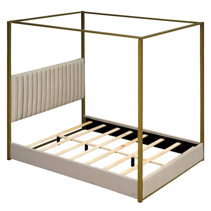 Queen Canopy Platform Bed with Upholstered Headboard and Metal Frame