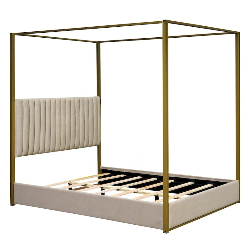 Queen Canopy Platform Bed with Upholstered Headboard and Metal Frame