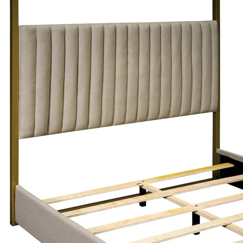 Queen Canopy Platform Bed with Upholstered Headboard and Metal Frame