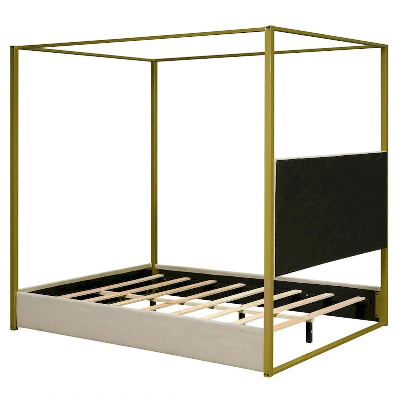 Queen Canopy Platform Bed with Upholstered Headboard and Metal Frame