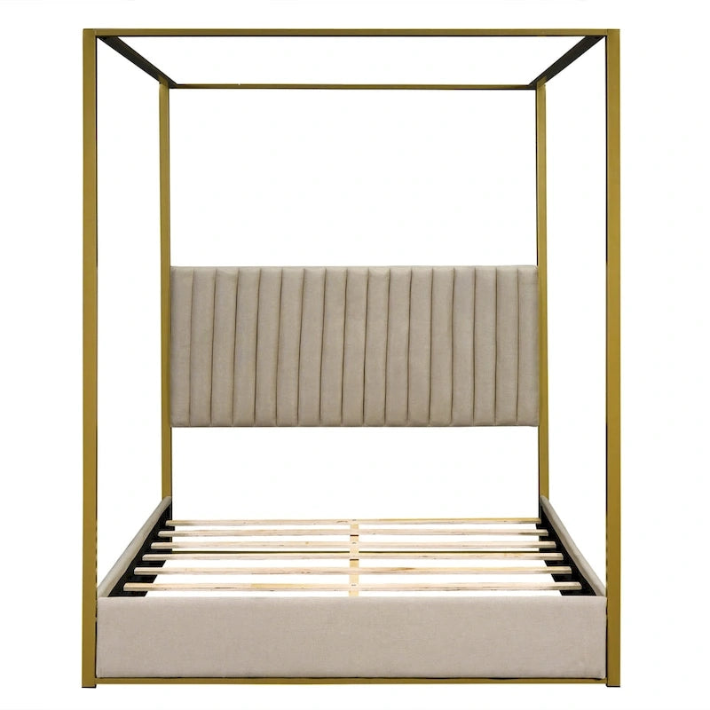 Queen Canopy Platform Bed with Upholstered Headboard and Metal Frame