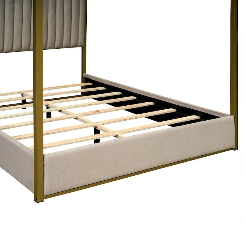 Queen Canopy Platform Bed with Upholstered Headboard and Metal Frame