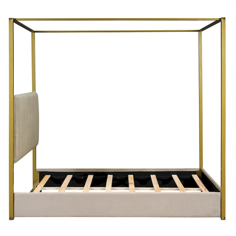 Queen Canopy Platform Bed with Upholstered Headboard and Metal Frame