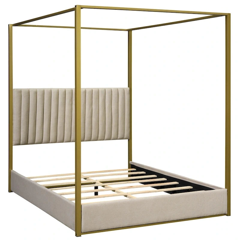 Queen Canopy Platform Bed with Upholstered Headboard and Metal Frame