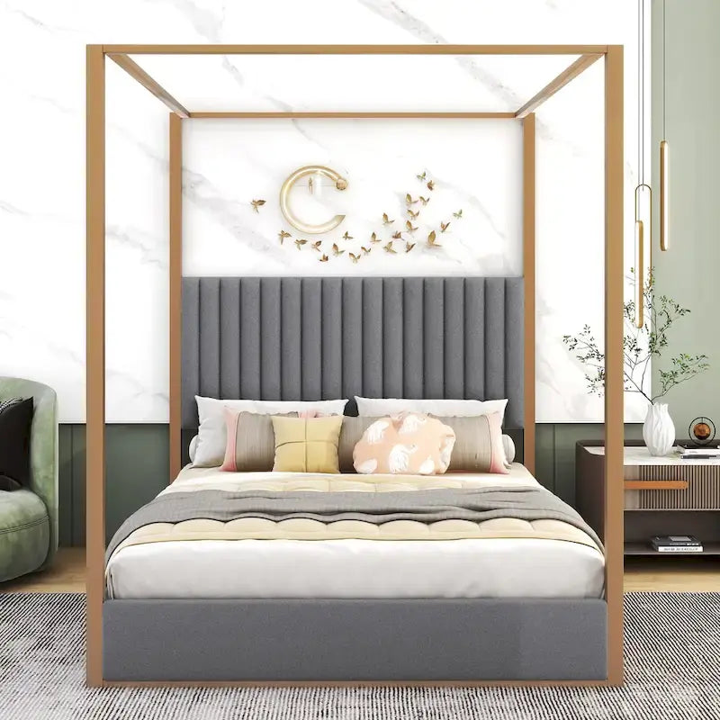 Queen Canopy Platform Bed with Upholstered Headboard and Metal Frame