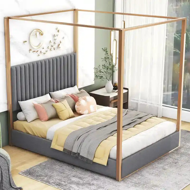 Queen Canopy Platform Bed with Upholstered Headboard and Metal Frame