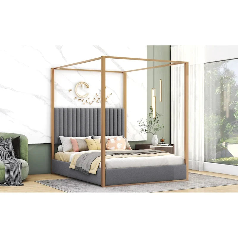 Queen Canopy Platform Bed with Upholstered Headboard and Metal Frame