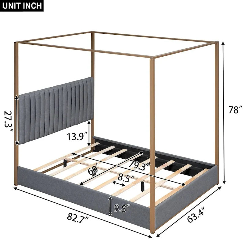Queen Canopy Platform Bed with Upholstered Headboard and Metal Frame