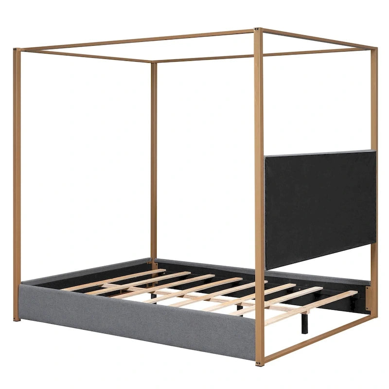 Queen Canopy Platform Bed with Upholstered Headboard and Metal Frame