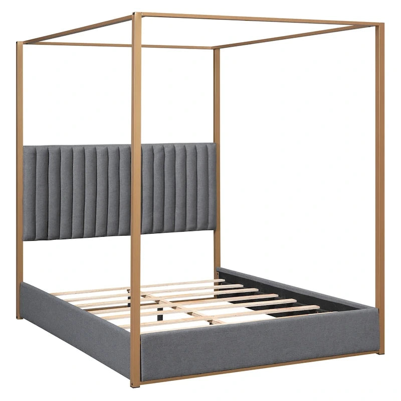 Queen Canopy Platform Bed with Upholstered Headboard and Metal Frame