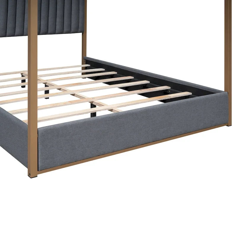 Queen Canopy Platform Bed with Upholstered Headboard and Metal Frame