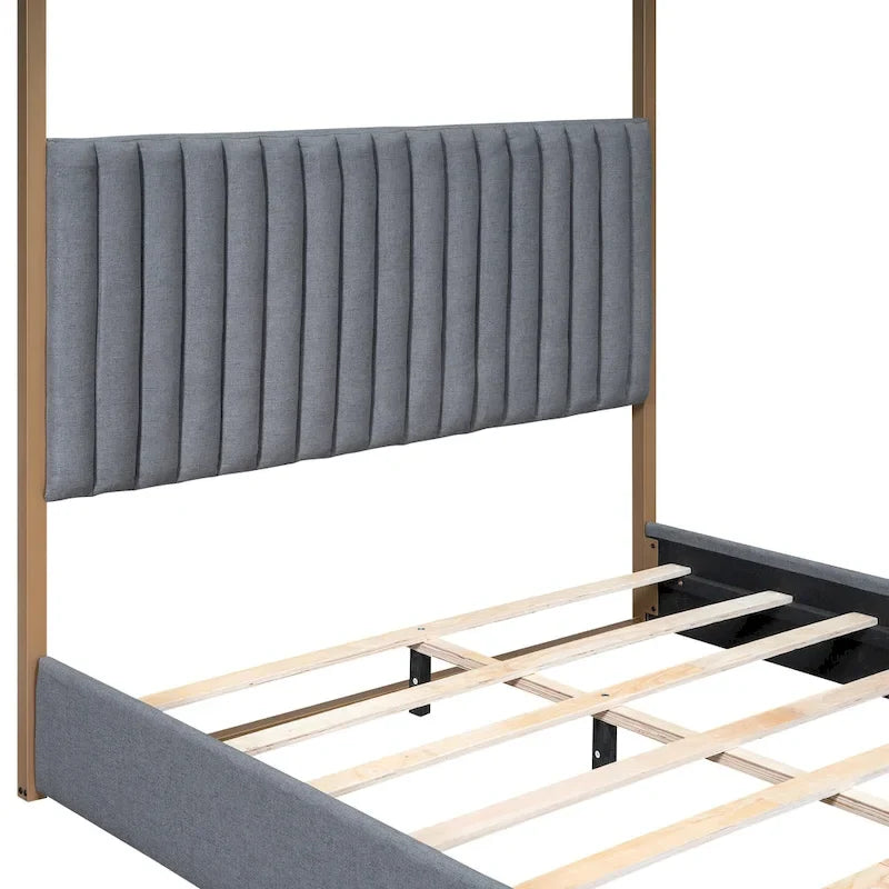 Queen Canopy Platform Bed with Upholstered Headboard and Metal Frame